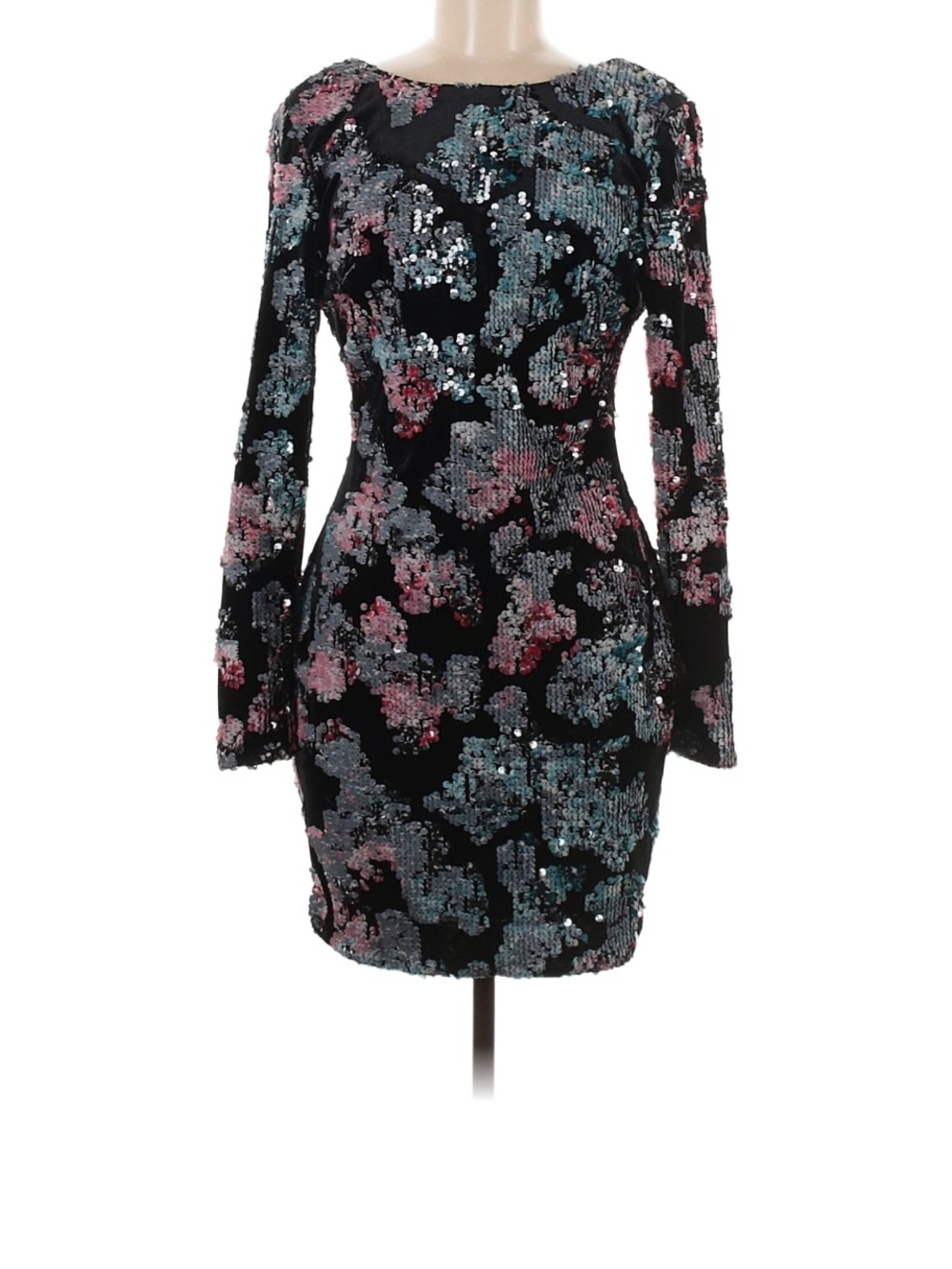 Dress The Population Black Sequin Floral Long-Sleeve Party Dress